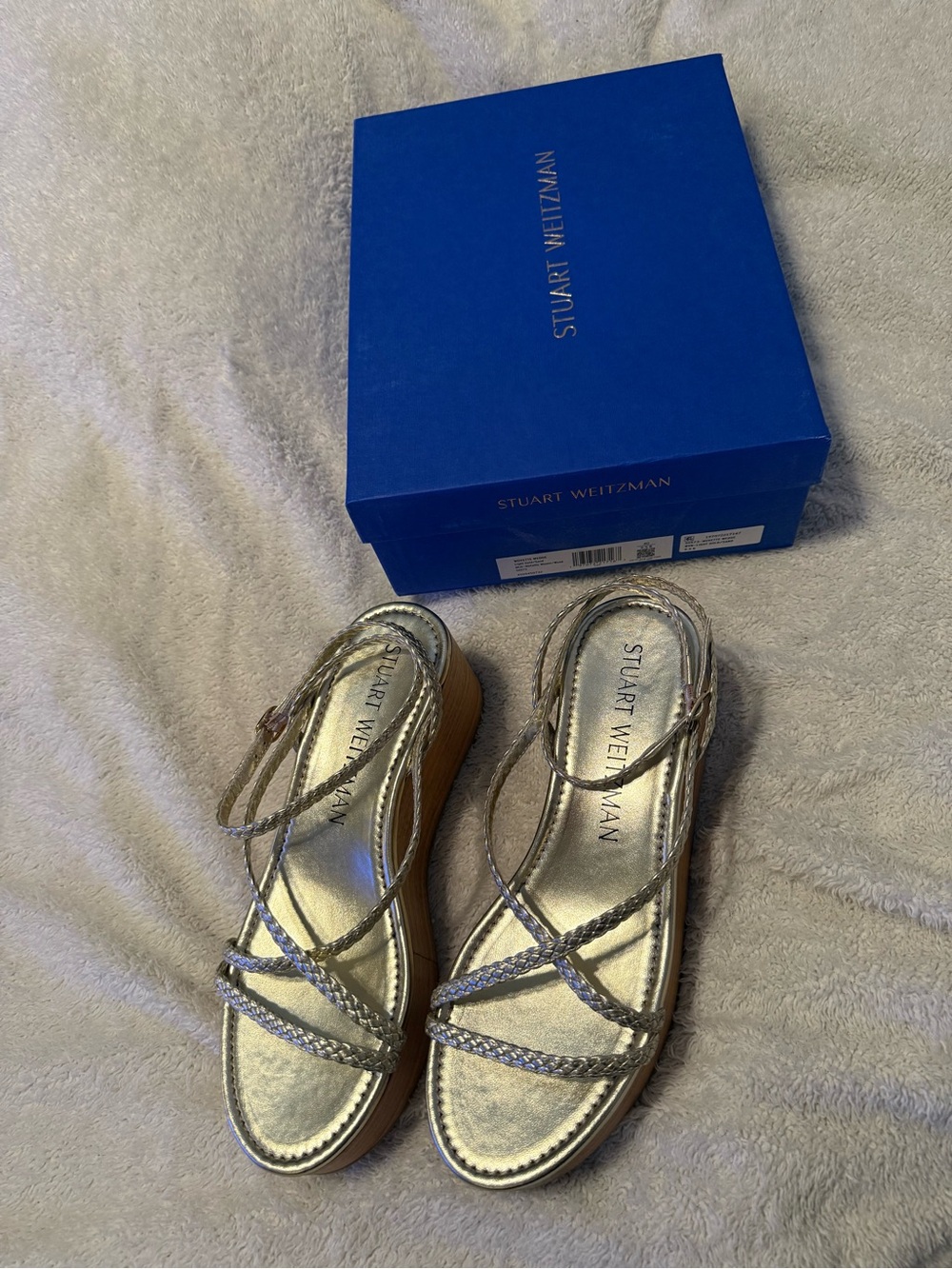 Stuart Weitzman Wovette Metallic Gold Braided Wedge Sandals